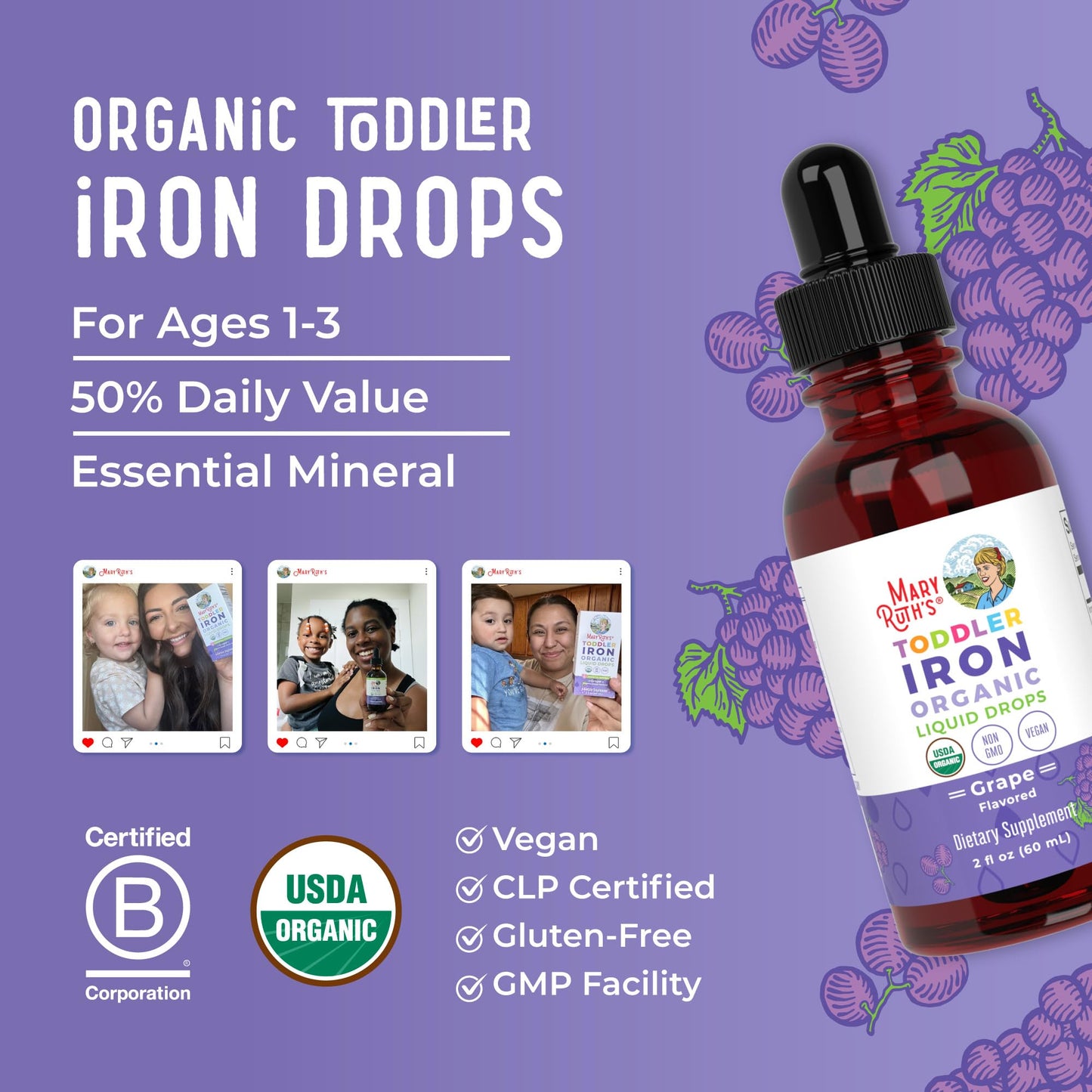 MaryRuth's Iron Supplement for Toddlers | Liquid Iron Supplement for Children Ages 1-3 | Iron Supplement for Iron Deficiency | Ferrochel | Sugar Free | Vegan | Non-GMO | Gluten Free | 2 Fl Oz - Maple Wellness Supplements