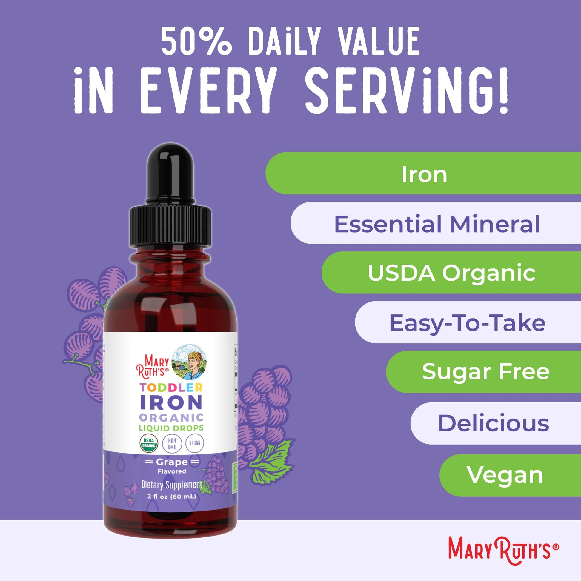 MaryRuth's Iron Supplement for Toddlers | Liquid Iron Supplement for Children Ages 1-3 | Iron Supplement for Iron Deficiency | Ferrochel | Sugar Free | Vegan | Non-GMO | Gluten Free | 2 Fl Oz - Maple Wellness Supplements