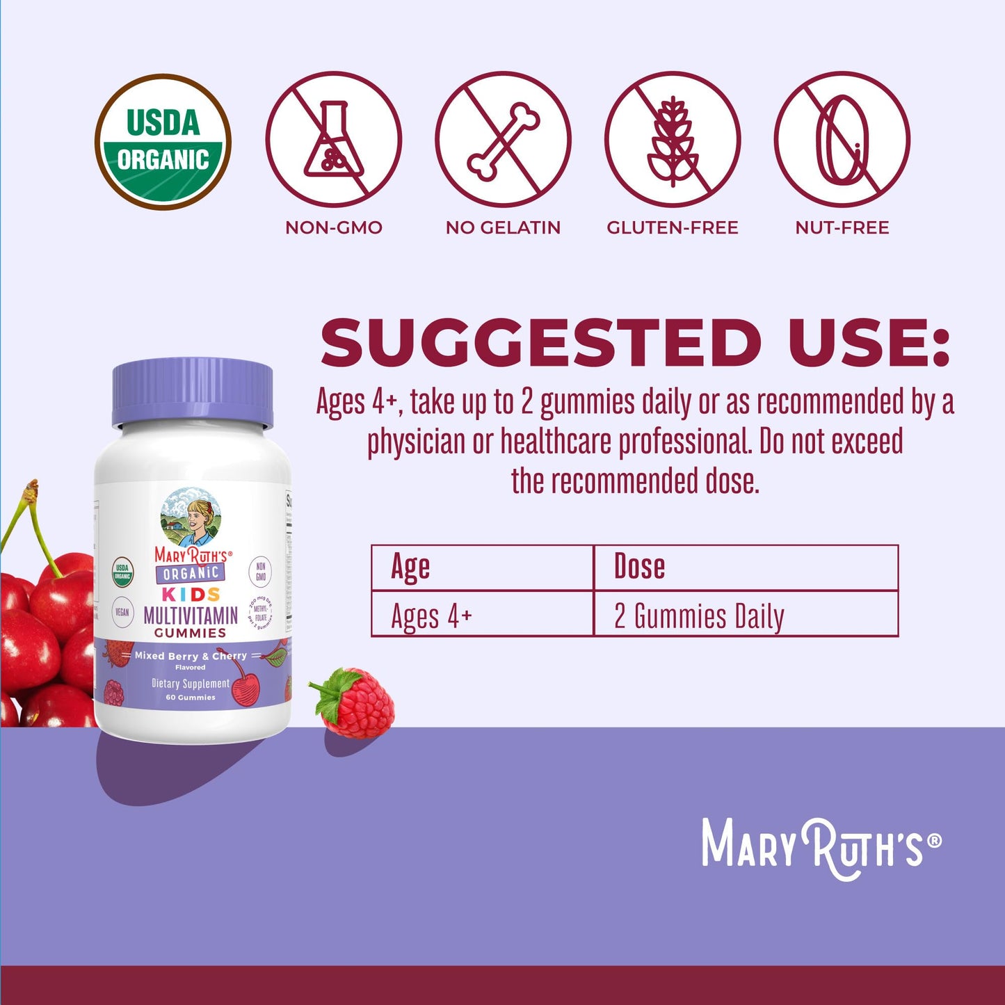 MARYRUTH'S Kids Vitamins | Multi | 1 Month Supply | Multivitamin Gummies for Ages 4+ | Multivitamin for Kids | Vegan | Only 2 Gummies a Day | 60 Count - Maple Wellness Supplements