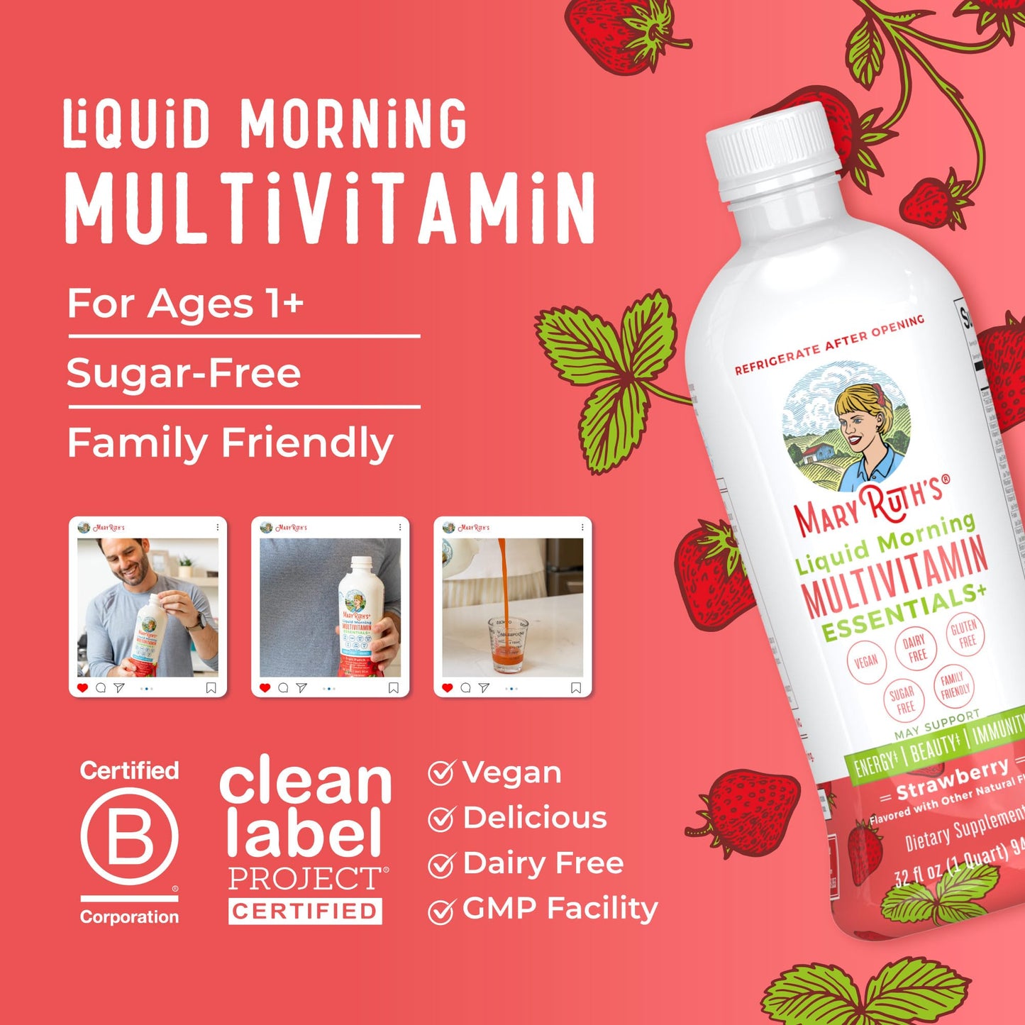 MaryRuth's Liquid Morning Multivitamin Essentials+ | Vitamin A C D E B6 B12 K2 Biotin Zinc | Mens Womens Multivitamin | Immune Support | Beauty | Sugar Free | Vitamins for Ages 1+ | Vegan | 32 Fl Oz - Maple Wellness Supplements