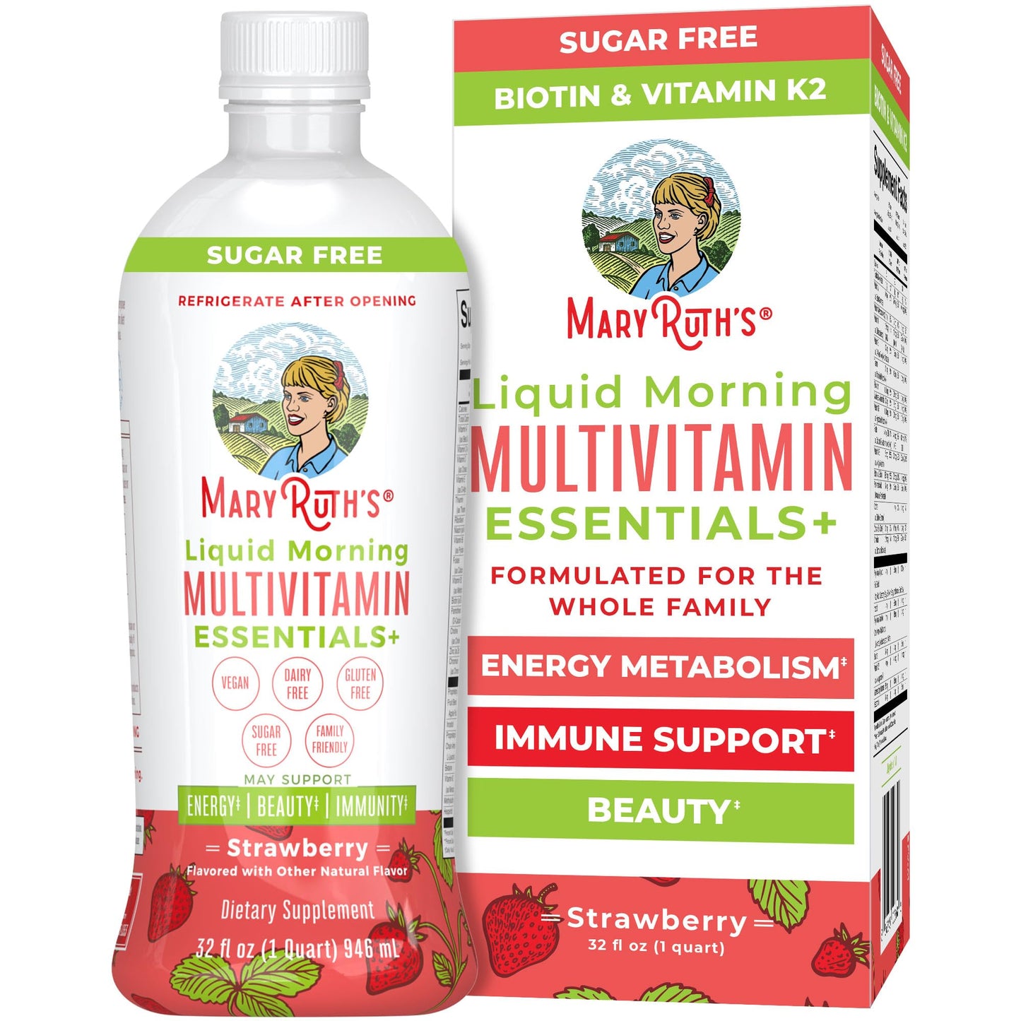 MaryRuth's Liquid Morning Multivitamin Essentials+ | Vitamin A C D E B6 B12 K2 Biotin Zinc | Mens Womens Multivitamin | Immune Support | Beauty | Sugar Free | Vitamins for Ages 1+ | Vegan | 32 Fl Oz - Maple Wellness Supplements