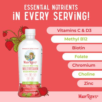 MaryRuth's Liquid Morning Multivitamin Essentials+ | Vitamin A C D E B6 B12 K2 Biotin Zinc | Mens Womens Multivitamin | Immune Support | Beauty | Sugar Free | Vitamins for Ages 1+ | Vegan | 32 Fl Oz - Maple Wellness Supplements