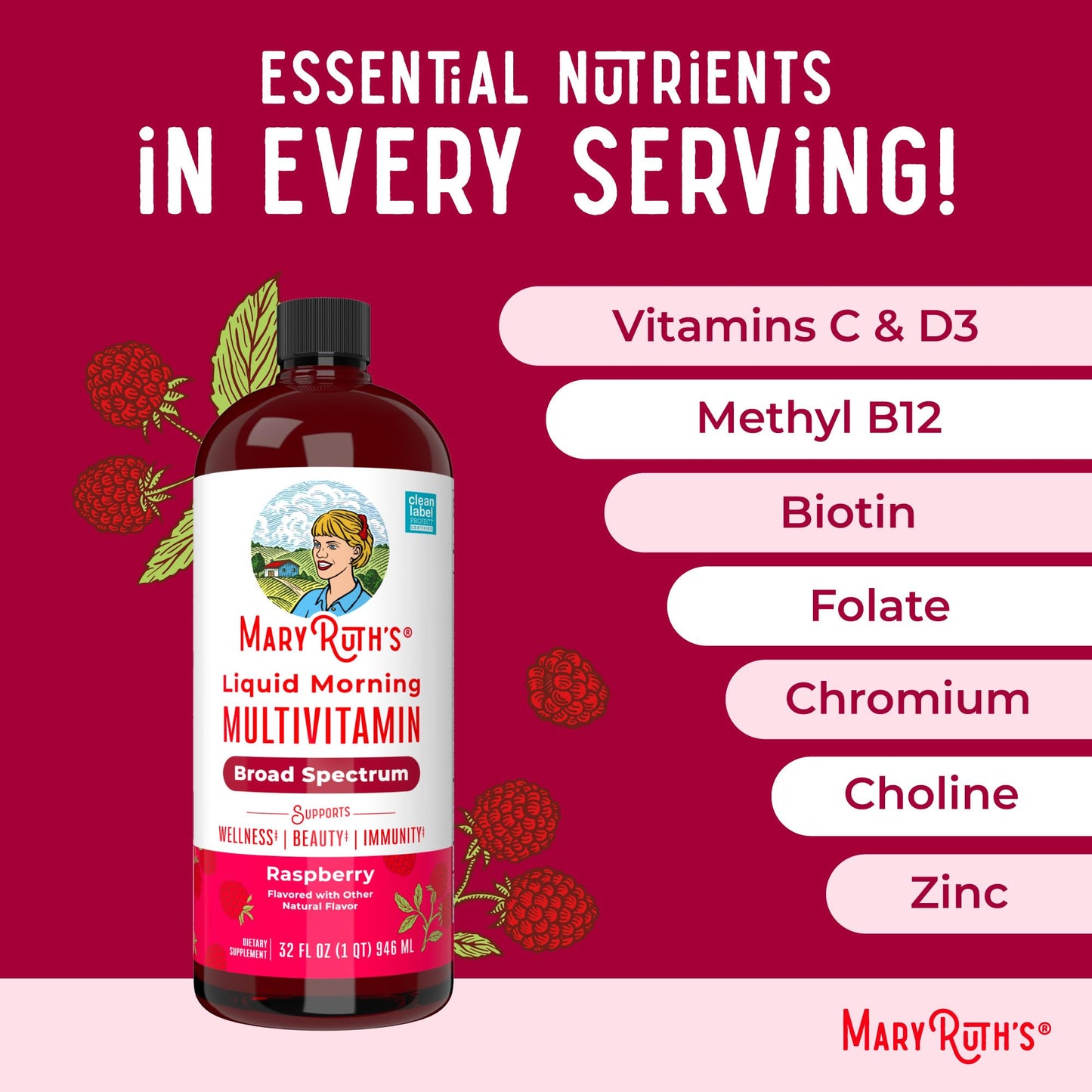 MARYRUTH'S Liquid Morning Multivitamin for Women, Men & Kids | Vitamin A C D E B6 B12 Biotin Zinc | Beauty | Vegan | Non-GMO | Gluten Free | 32 Servings - Maple Wellness Supplements