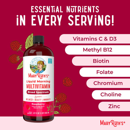 MARYRUTH'S Liquid Morning Multivitamin for Women, Men & Kids | Vitamin A C D E B6 B12 Biotin Zinc | Beauty | Vegan | Non-GMO | Gluten Free | 32 Servings - Maple Wellness Supplements