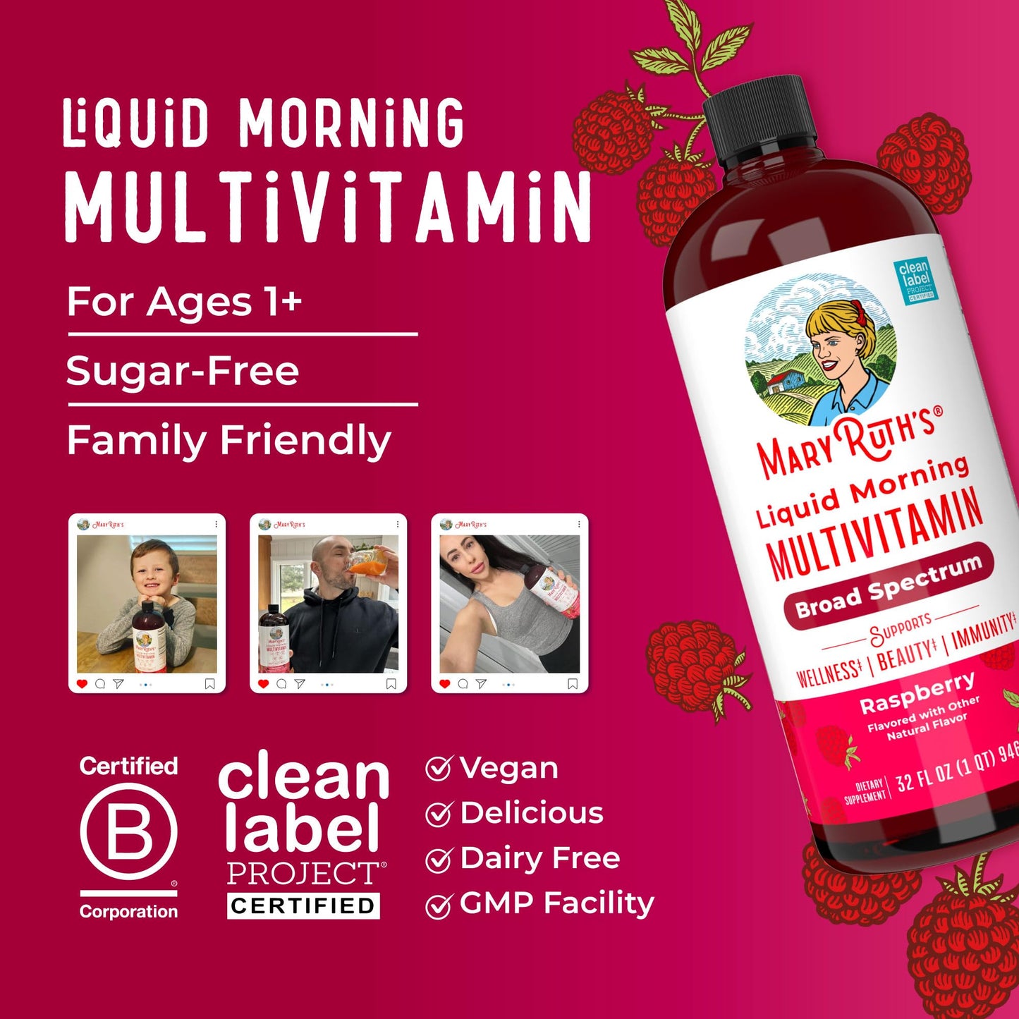 MARYRUTH'S Liquid Morning Multivitamin for Women, Men & Kids | Vitamin A C D E B6 B12 Biotin Zinc | Beauty | Vegan | Non-GMO | Gluten Free | 32 Servings - Maple Wellness Supplements