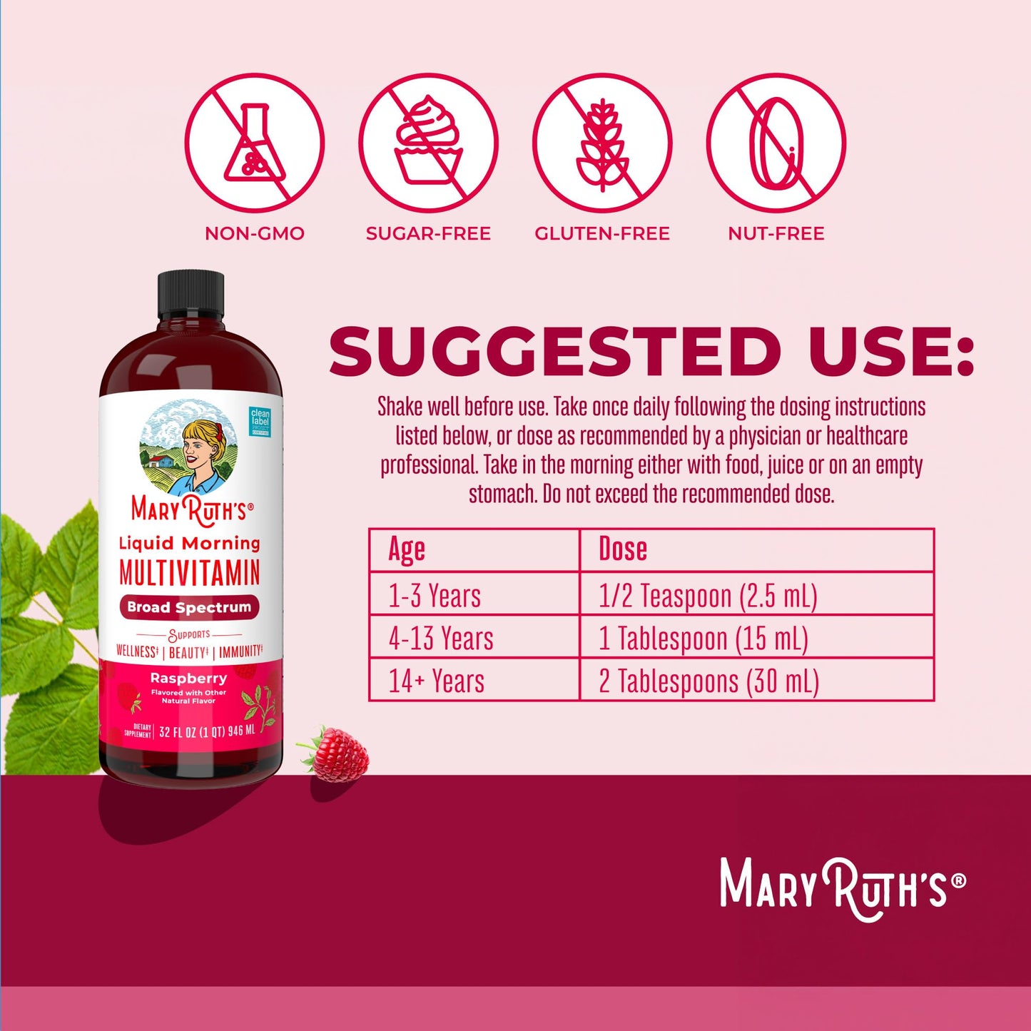 MARYRUTH'S Liquid Morning Multivitamin for Women, Men & Kids | Vitamin A C D E B6 B12 Biotin Zinc | Beauty | Vegan | Non-GMO | Gluten Free | 32 Servings - Maple Wellness Supplements