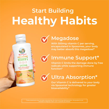 MaryRuth's Megadose Liquid Vitamin C Liposomal | 500 mg Per Serving | Ultra Absorption | Immunity | Antioxidant Support | Collagen Formation | Vegan | Gluten Free | Sugar Free | 7.6 Oz | 30 Servings - Maple Wellness Supplements