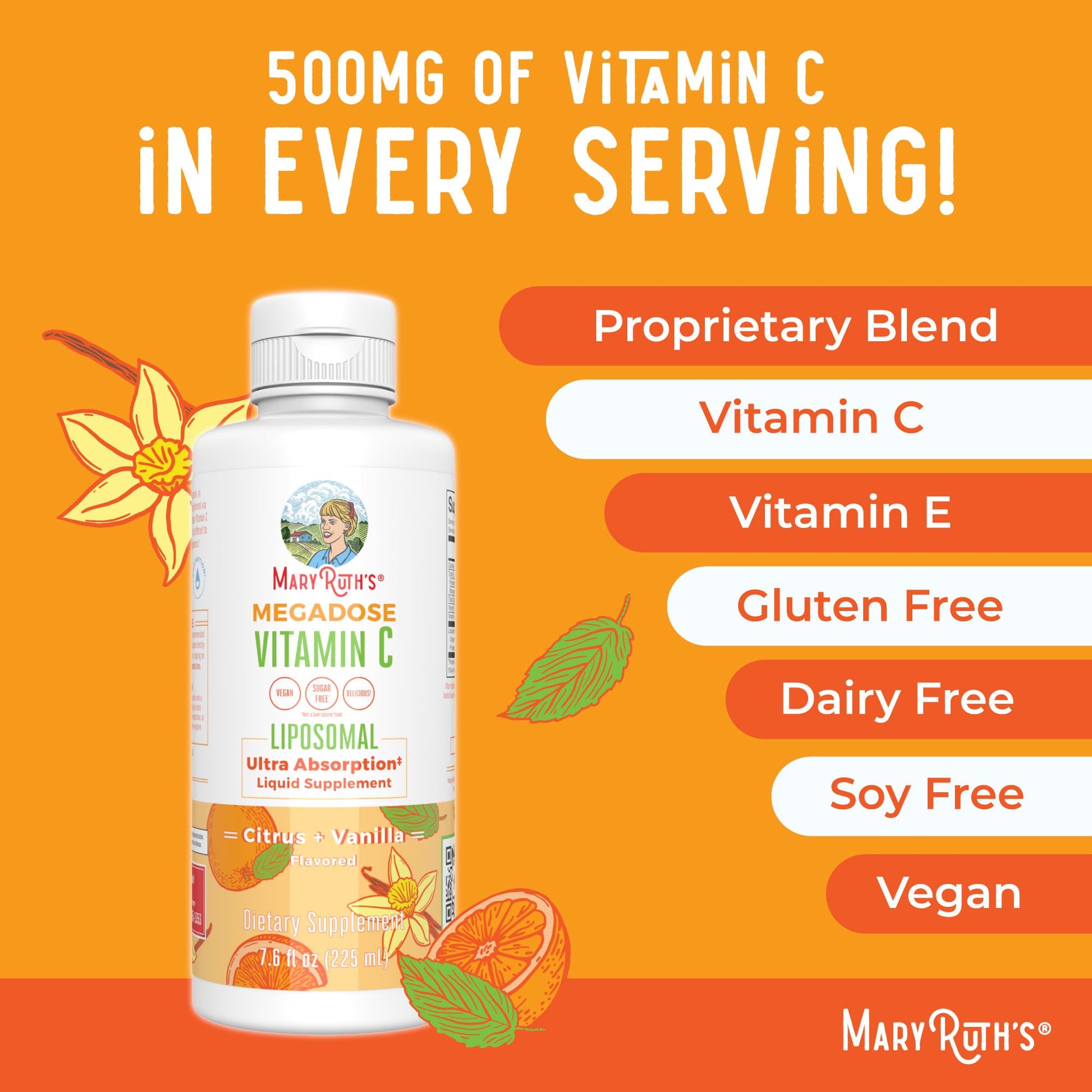 MaryRuth's Megadose Liquid Vitamin C Liposomal | 500 mg Per Serving | Ultra Absorption | Immunity | Antioxidant Support | Collagen Formation | Vegan | Gluten Free | Sugar Free | 7.6 Oz | 30 Servings - Maple Wellness Supplements