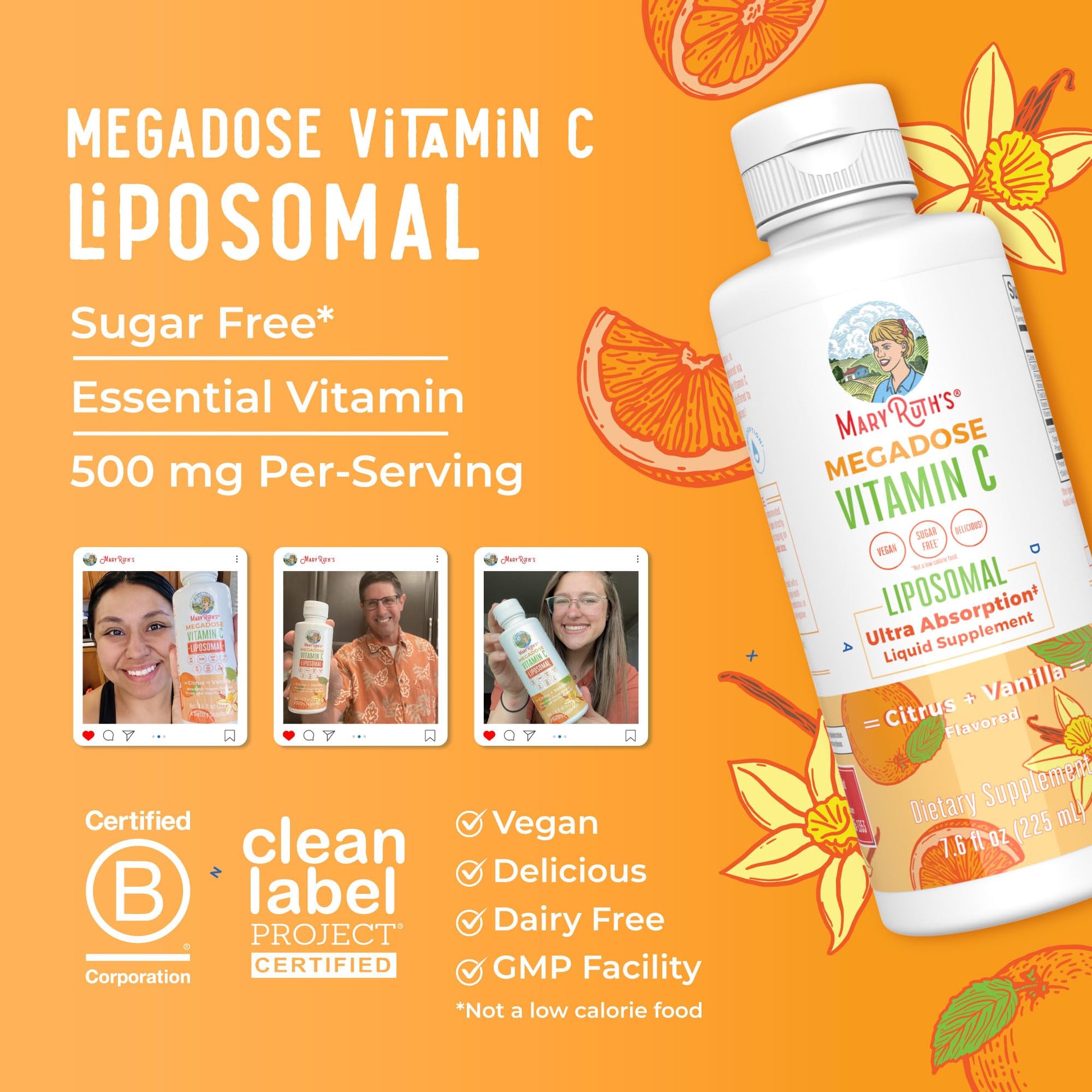 MaryRuth's Megadose Liquid Vitamin C Liposomal | 500 mg Per Serving | Ultra Absorption | Immunity | Antioxidant Support | Collagen Formation | Vegan | Gluten Free | Sugar Free | 7.6 Oz | 30 Servings - Maple Wellness Supplements