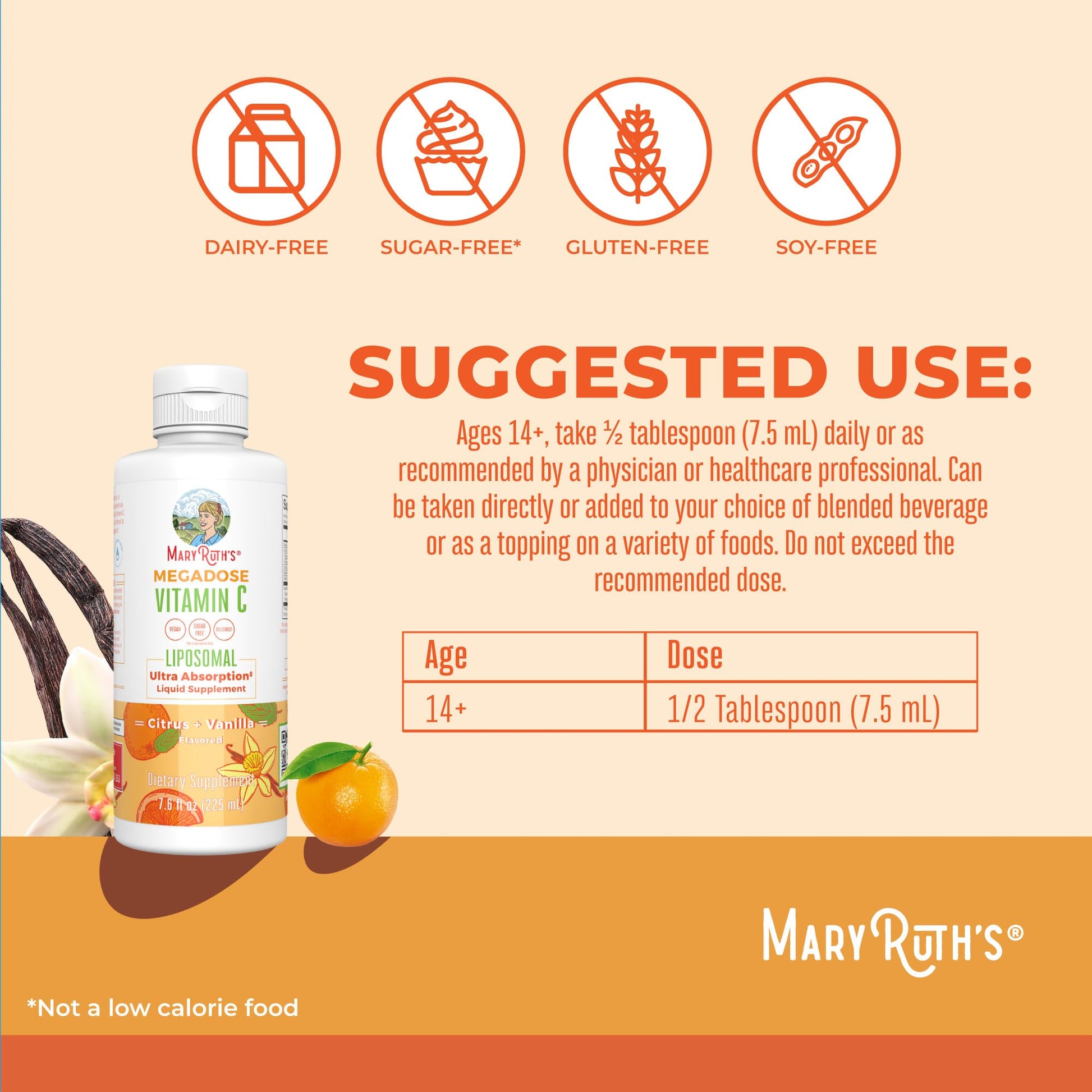 MaryRuth's Megadose Liquid Vitamin C Liposomal | 500 mg Per Serving | Ultra Absorption | Immunity | Antioxidant Support | Collagen Formation | Vegan | Gluten Free | Sugar Free | 7.6 Oz | 30 Servings - Maple Wellness Supplements
