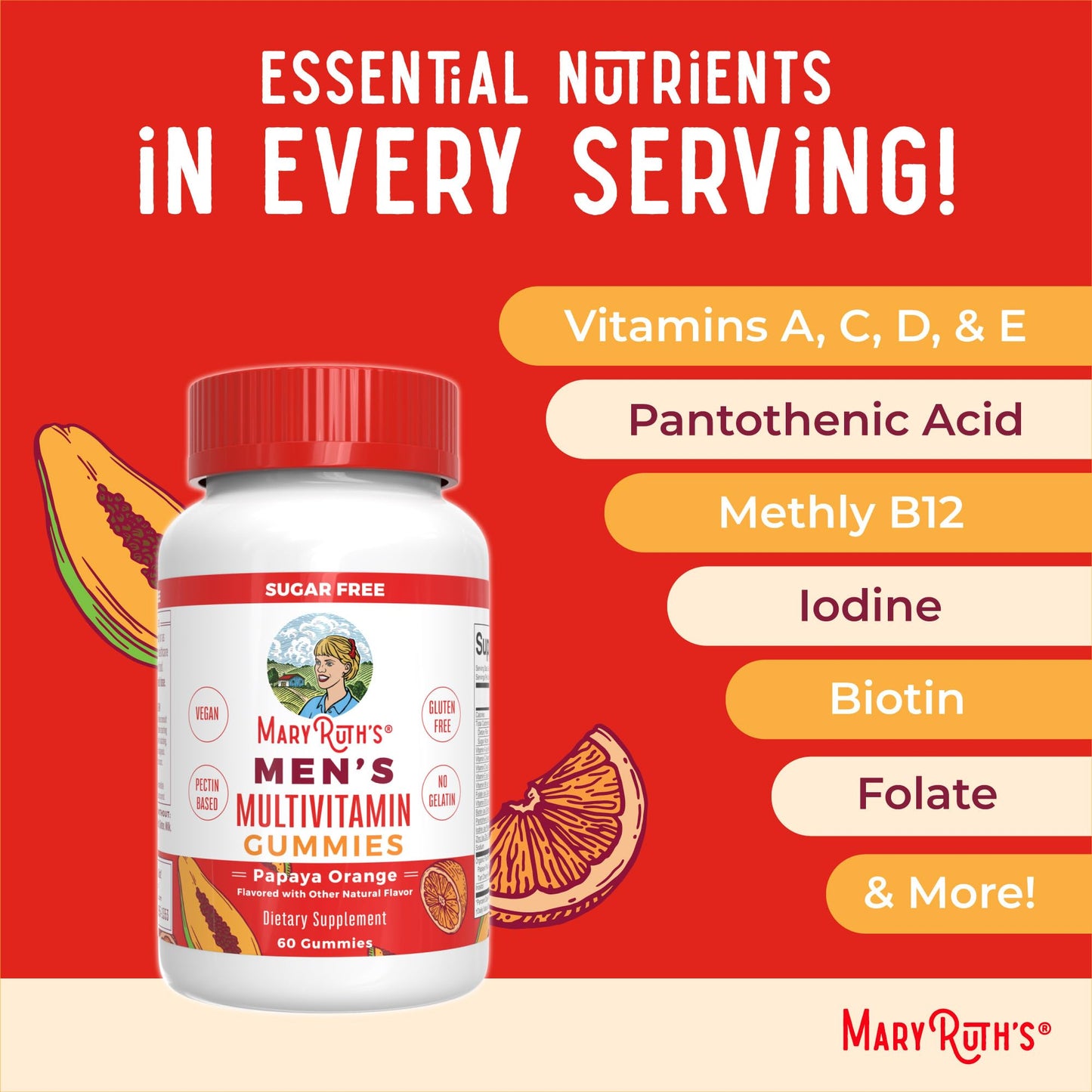 MaryRuth's Multivitamin Gummies for Men | Vitamin A, C, D, E, B6, B12, Biotin, Zinc | Energy Metabolism | Immunity | Bone Health | Cellular Health | Vegan | Non-GMO | Gluten & Sugar Free | 60 Count - Maple Wellness Supplements