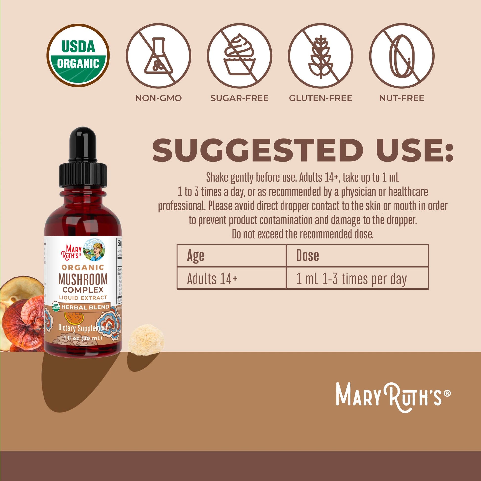 MaryRuth's Mushroom Complex | Lion's Mane | Turkey Tail | Reishi Mushroom | Shiitake Mushrooms | Alcohol Free | Mushroom Blend | Organic | Non-GMO | Vegan | 30 Servings - Maple Wellness Supplements