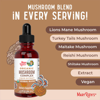 MaryRuth's Mushroom Complex | Lion's Mane | Turkey Tail | Reishi Mushroom | Shiitake Mushrooms | Alcohol Free | Mushroom Blend | Organic | Non-GMO | Vegan | 30 Servings - Maple Wellness Supplements