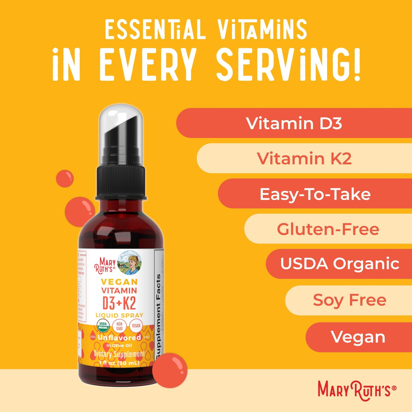 MaryRuth's Organic D3 + K2 Spray for Adults & Kids for Bone Health | Vitamin D3 as Cholecalciferol | Vitamin K2 | Immunity | Mineral Absorption | Heart Health | Vegan | Non-GMO | Gluten Free | 1 Fl Oz - Maple Wellness Supplements