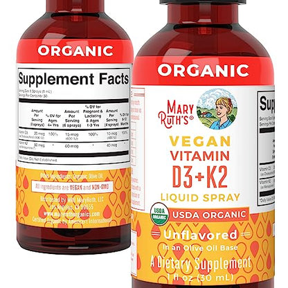 MaryRuth's Organic D3 + K2 Spray for Adults & Kids for Bone Health | Vitamin D3 as Cholecalciferol | Vitamin K2 | Immunity | Mineral Absorption | Heart Health | Vegan | Non-GMO | Gluten Free | 1 Fl Oz - Maple Wellness Supplements