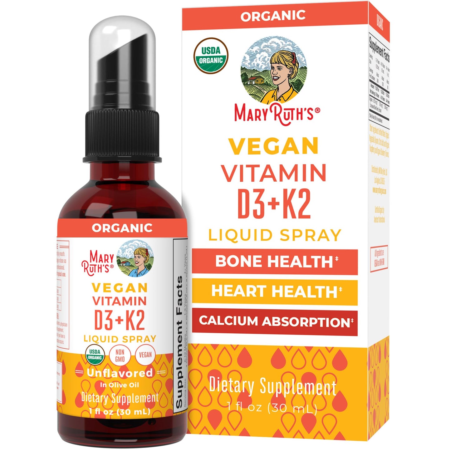 MaryRuth's Organic D3 + K2 Spray for Adults & Kids for Bone Health | Vitamin D3 as Cholecalciferol | Vitamin K2 | Immunity | Mineral Absorption | Heart Health | Vegan | Non-GMO | Gluten Free | 1 Fl Oz - Maple Wellness Supplements