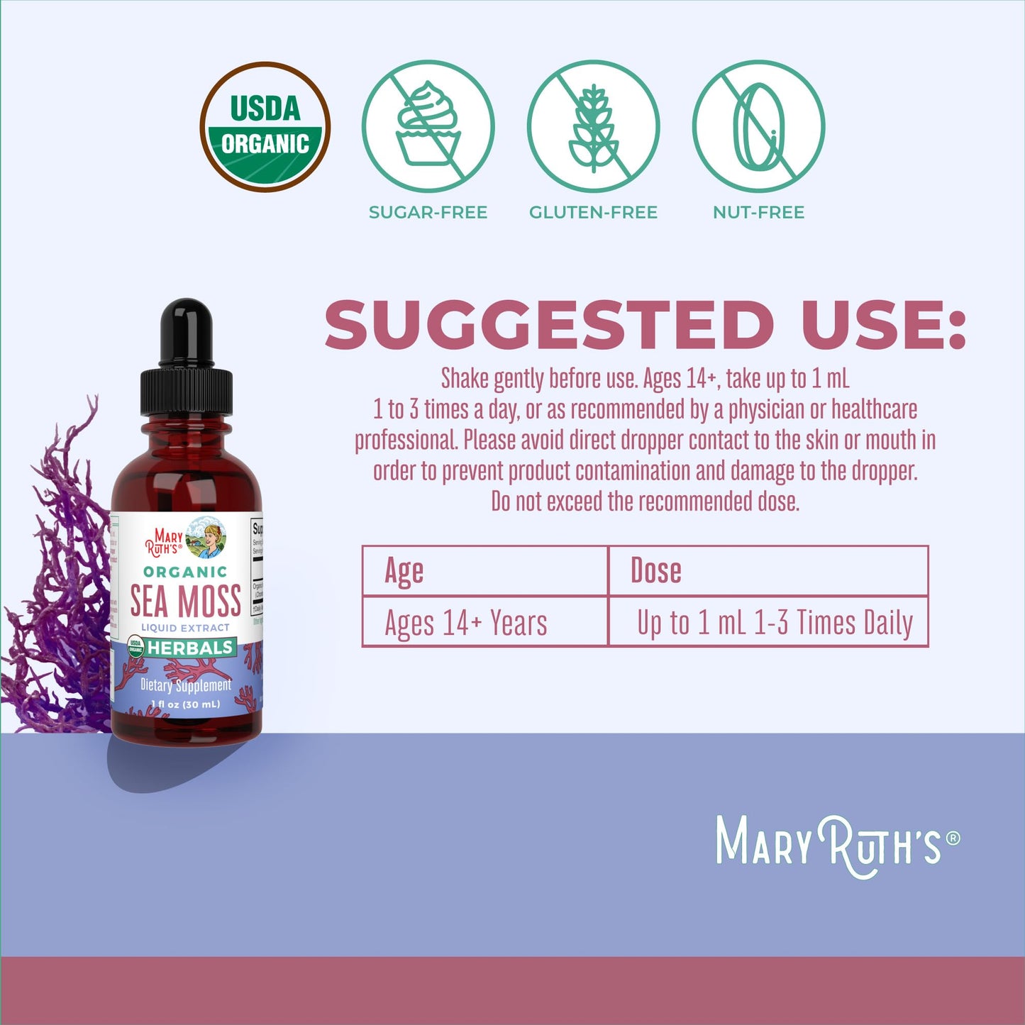 MARYRUTH'S Organic Irish Sea Moss Liquid Drops | Chondrus Crispus | Wild Harvested | Organic Irish Moss Formulated for Adults & Kids Ages 14+ | Unflavored - Maple Wellness Supplements