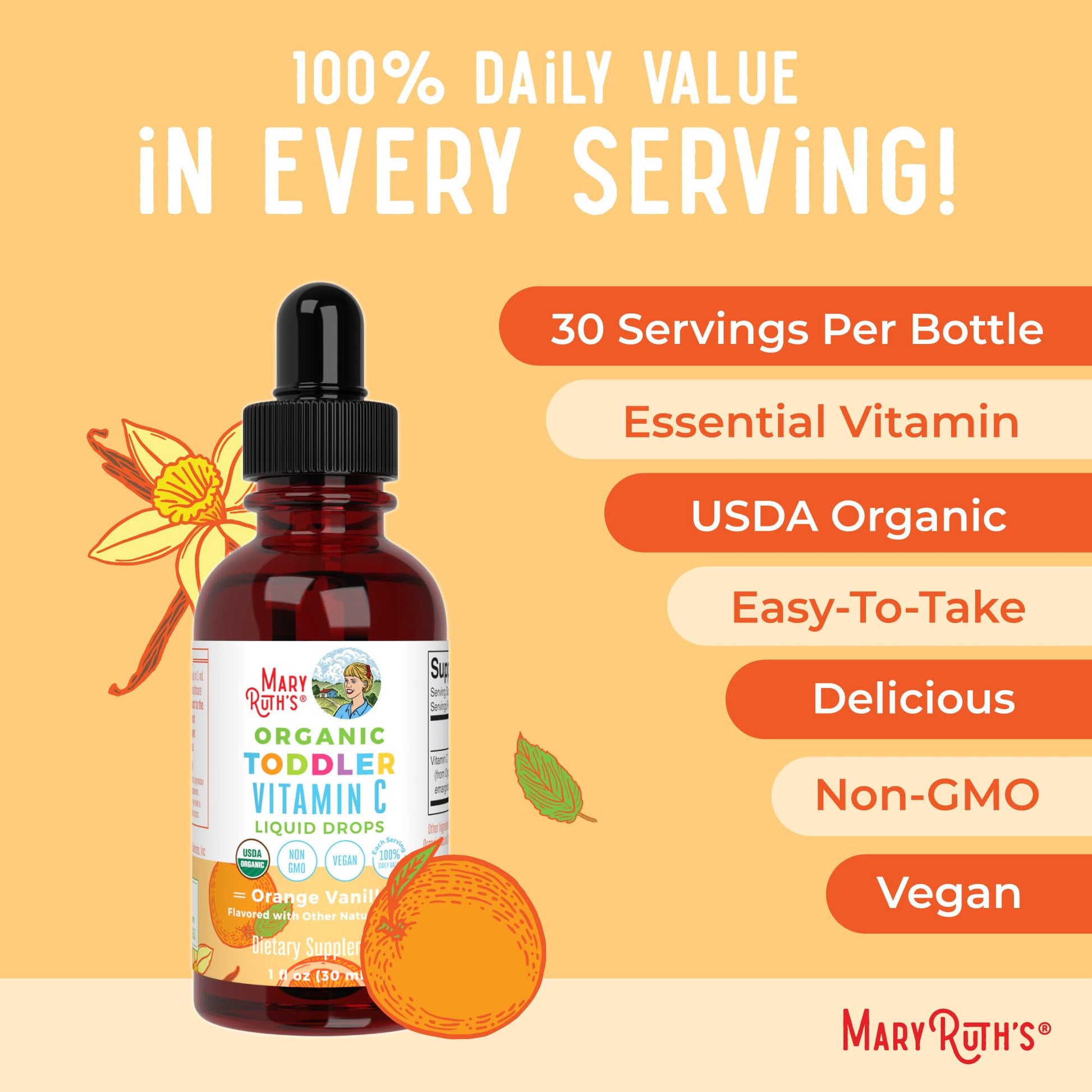 MARYRUTH'S Organic Toddler Vitamin C Drops for Immunity | Ages 1-3 Years | 15 mg Per Serving | Vitamin C for Immune Support & Overall Health | Vegan | Sugar Free - Maple Wellness Supplements