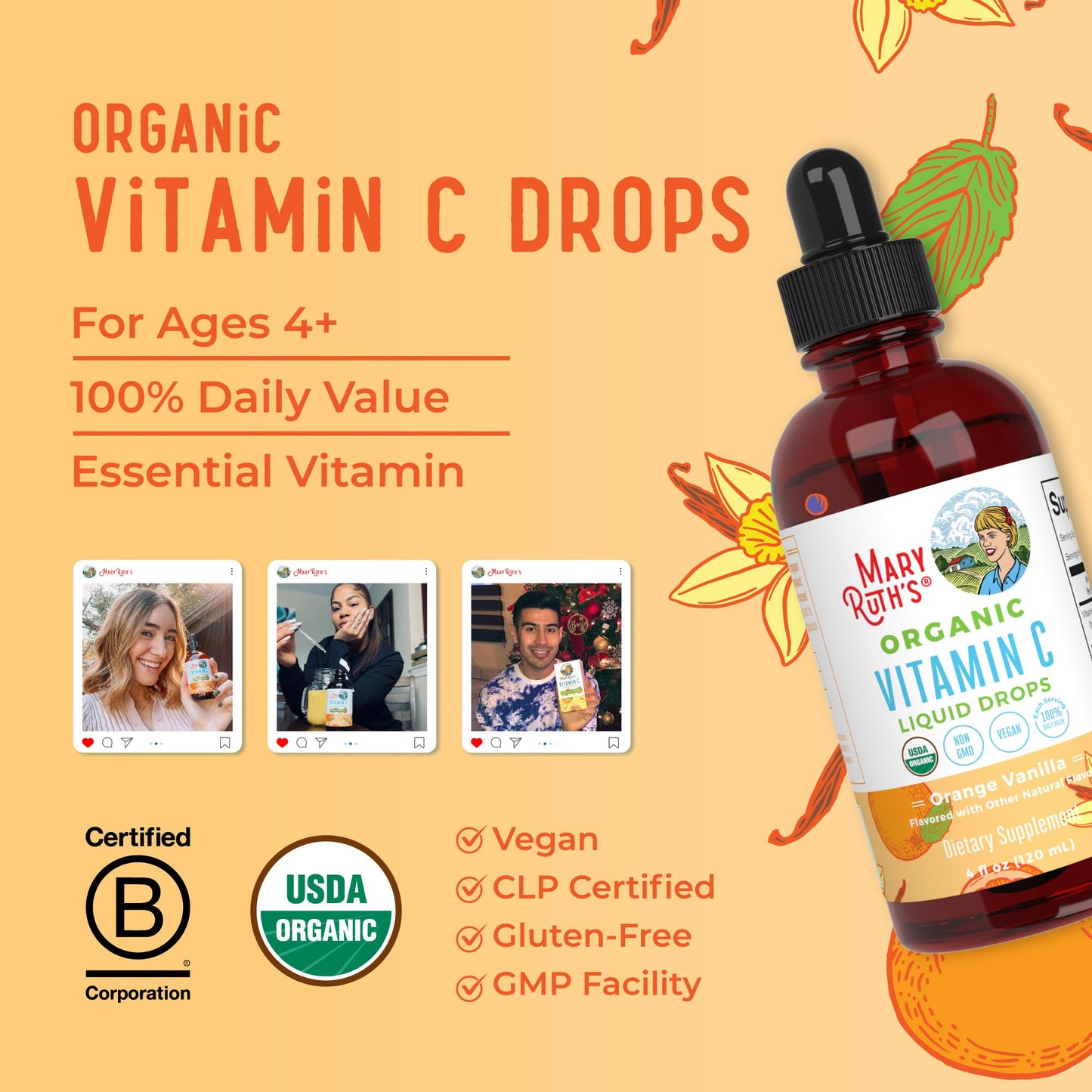 MARYRUTH'S Organic Vitamin C Supplement | Liquid Vitamin C Liquid Drops for Adults & Kids | Immune Support Supplement for Overall Health - Maple Wellness Supplements