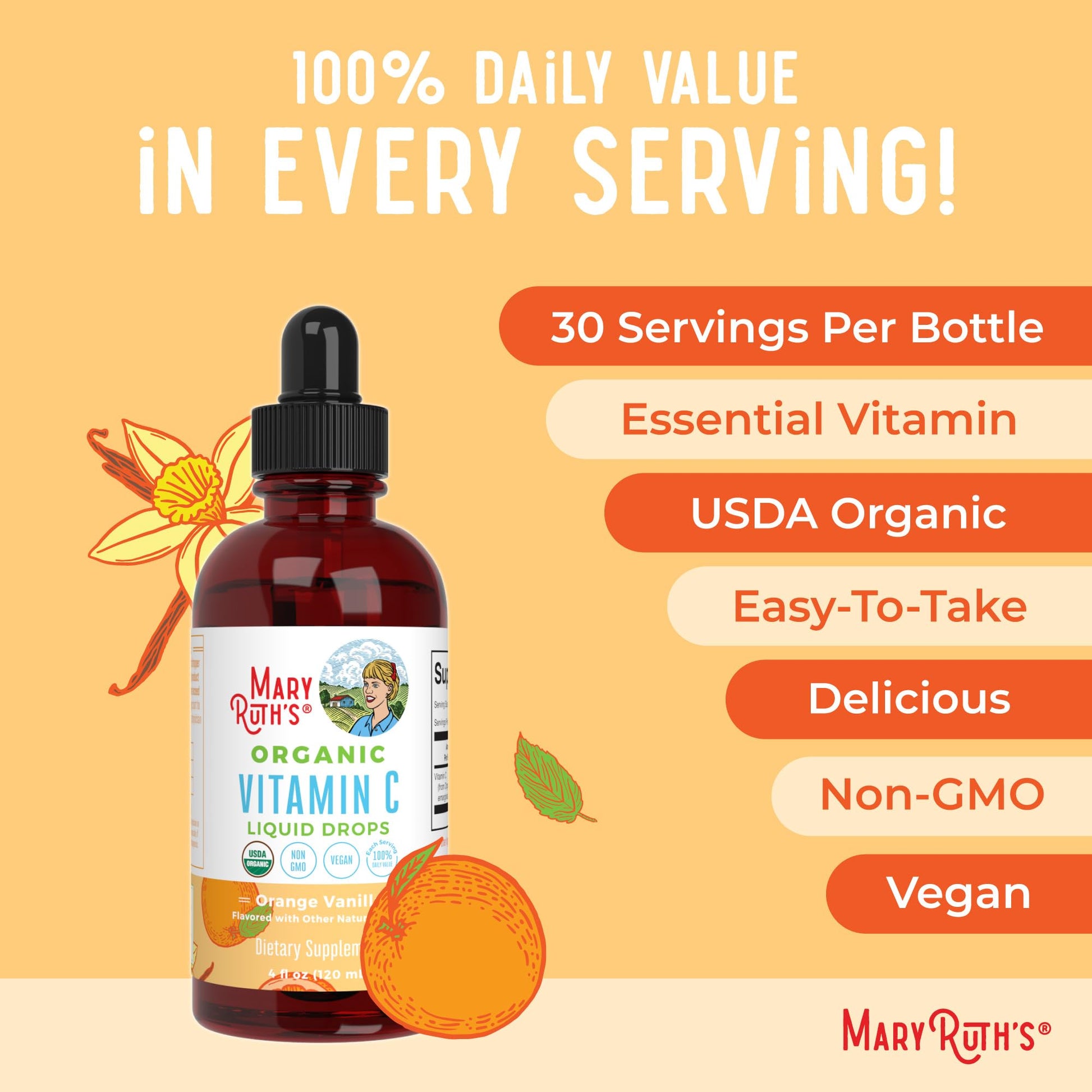 MARYRUTH'S Organic Vitamin C Supplement | Liquid Vitamin C Liquid Drops for Adults & Kids | Immune Support Supplement for Overall Health - Maple Wellness Supplements