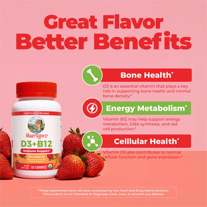 MARYRUTH'S Organic Vitamin D3 + B12 Gummies for Ages 4+ | Bone Health | Immune Support | Energy Metabolism | Cognitive Function | Vegan | Non-GMO - Maple Wellness Supplements