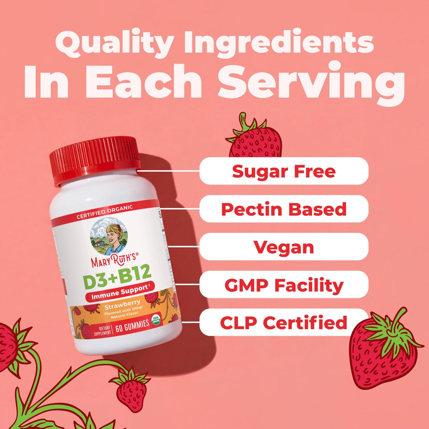 MARYRUTH'S Organic Vitamin D3 + B12 Gummies for Ages 4+ | Bone Health | Immune Support | Energy Metabolism | Cognitive Function | Vegan | Non-GMO - Maple Wellness Supplements
