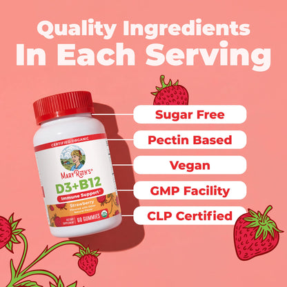 MARYRUTH'S Organic Vitamin D3 + B12 Gummies for Ages 4+ | Bone Health | Immune Support | Energy Metabolism | Cognitive Function | Vegan | Non-GMO - Maple Wellness Supplements
