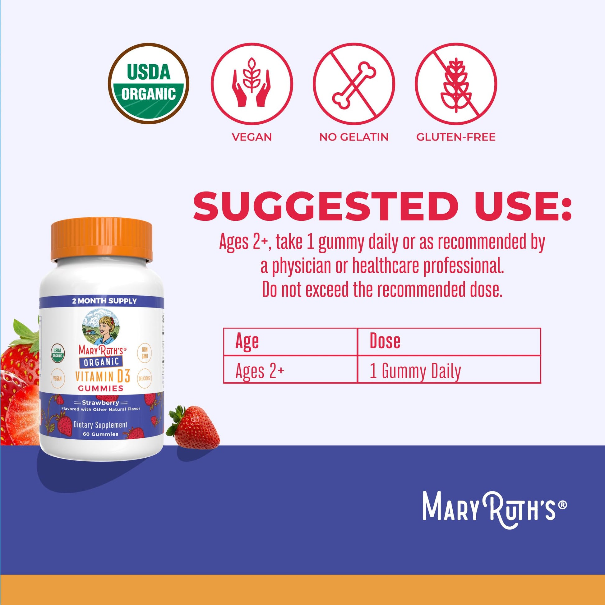 MARYRUTH'S Organic Vitamin D3 Gummies | 1000 IU | USDA Organic | Immune Support| Bone Health | Muscle Function | for Adults & Kids Ages 2+ - Maple Wellness Supplements