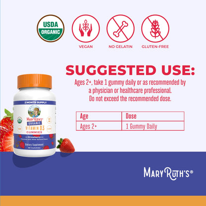MARYRUTH'S Organic Vitamin D3 Gummies | 1000 IU | USDA Organic | Immune Support| Bone Health | Muscle Function | for Adults & Kids Ages 2+ - Maple Wellness Supplements