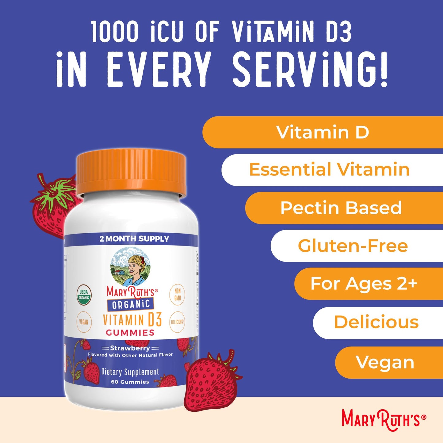 MARYRUTH'S Organic Vitamin D3 Gummies | 1000 IU | USDA Organic | Immune Support| Bone Health | Muscle Function | for Adults & Kids Ages 2+ - Maple Wellness Supplements