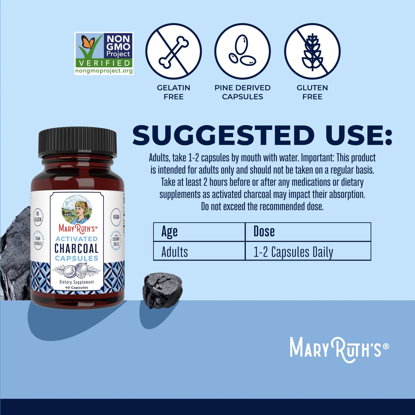 MARYRUTH'S Organics Activated Charcoal Capsules | Substance Adsorption | Derived from Coconut Shells | Vegan Capsules from Pine Trees - Maple Wellness Supplements