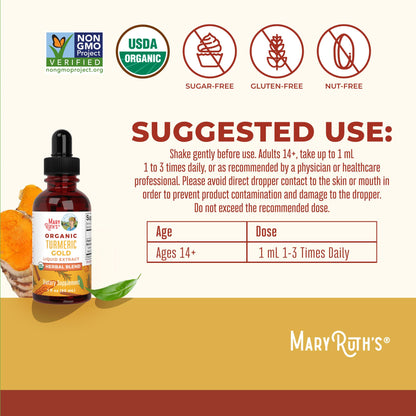 MARYRUTH'S Organics USDA Turmeric Gold Liquid Drops | Herbal Blend | Turmeric Curcumin | Black Pepper | Cassia Cinnamon Bark | Ginger Root | Immune Support - Maple Wellness Supplements