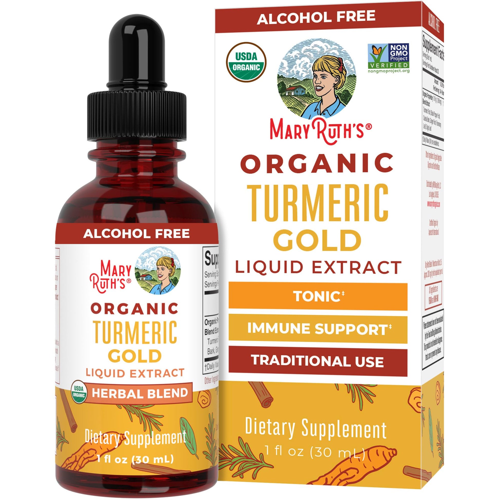 MARYRUTH'S Organics USDA Turmeric Gold Liquid Drops | Herbal Blend | Turmeric Curcumin | Black Pepper | Cassia Cinnamon Bark | Ginger Root | Immune Support - Maple Wellness Supplements