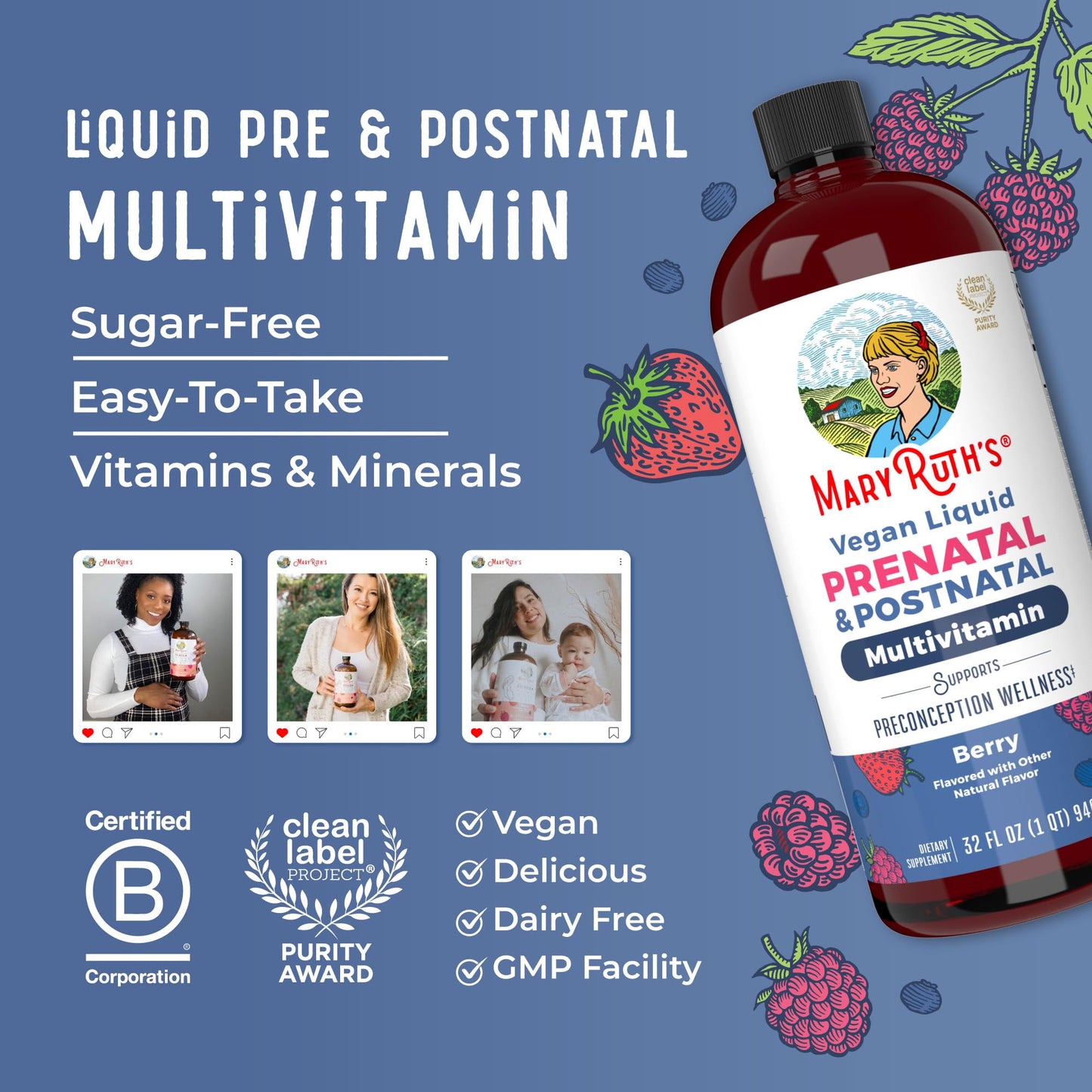 MARYRUTH'S Postnatal & Prenatal Vitamins for Women | Sugar Free | Selenium | Folate | Vegan | Non-GMO | Gluten Free | 32oz - Maple Wellness Supplements