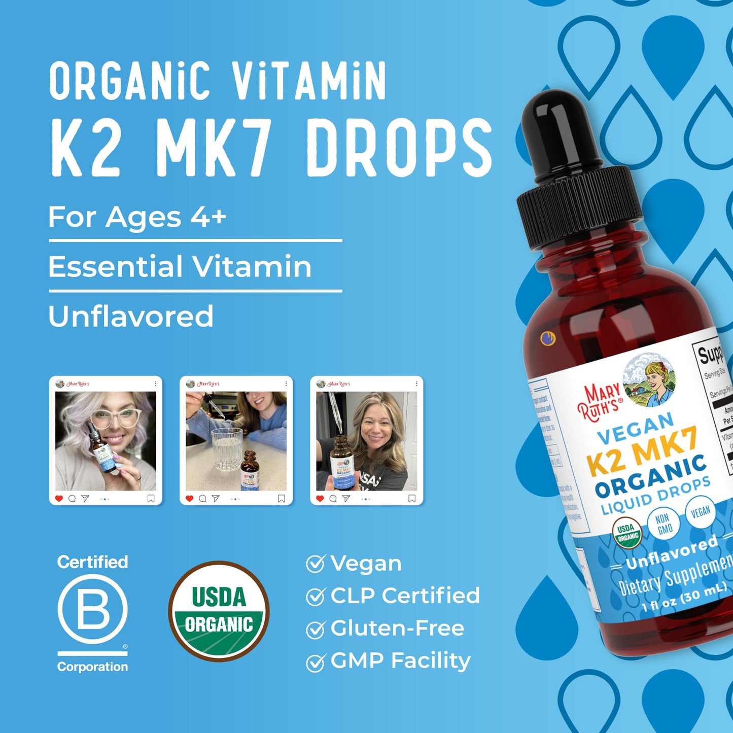 MaryRuth’s USDA Organic Vitamin K2 MK7 Liquid Drops for Adults & Kids | Sourced from Natto | Menaquinone- 7 | Vegan K2 Vitamin for Bone Health & Calcium Absorption | 1oz | Up to 90 Servings - Maple Wellness Supplements