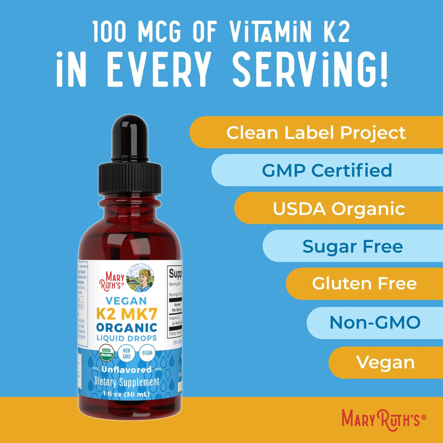 MaryRuth’s USDA Organic Vitamin K2 MK7 Liquid Drops for Adults & Kids | Sourced from Natto | Menaquinone- 7 | Vegan K2 Vitamin for Bone Health & Calcium Absorption | 1oz | Up to 90 Servings - Maple Wellness Supplements
