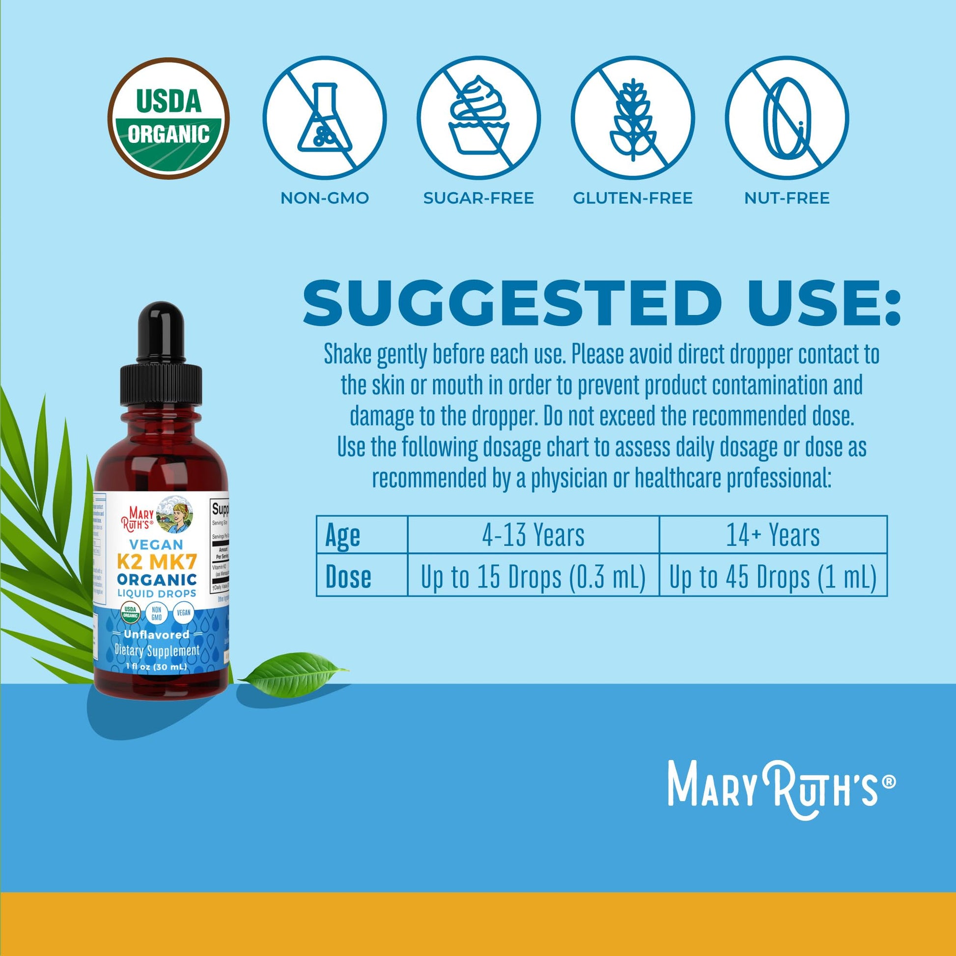 MaryRuth’s USDA Organic Vitamin K2 MK7 Liquid Drops for Adults & Kids | Sourced from Natto | Menaquinone- 7 | Vegan K2 Vitamin for Bone Health & Calcium Absorption | 1oz | Up to 90 Servings - Maple Wellness Supplements