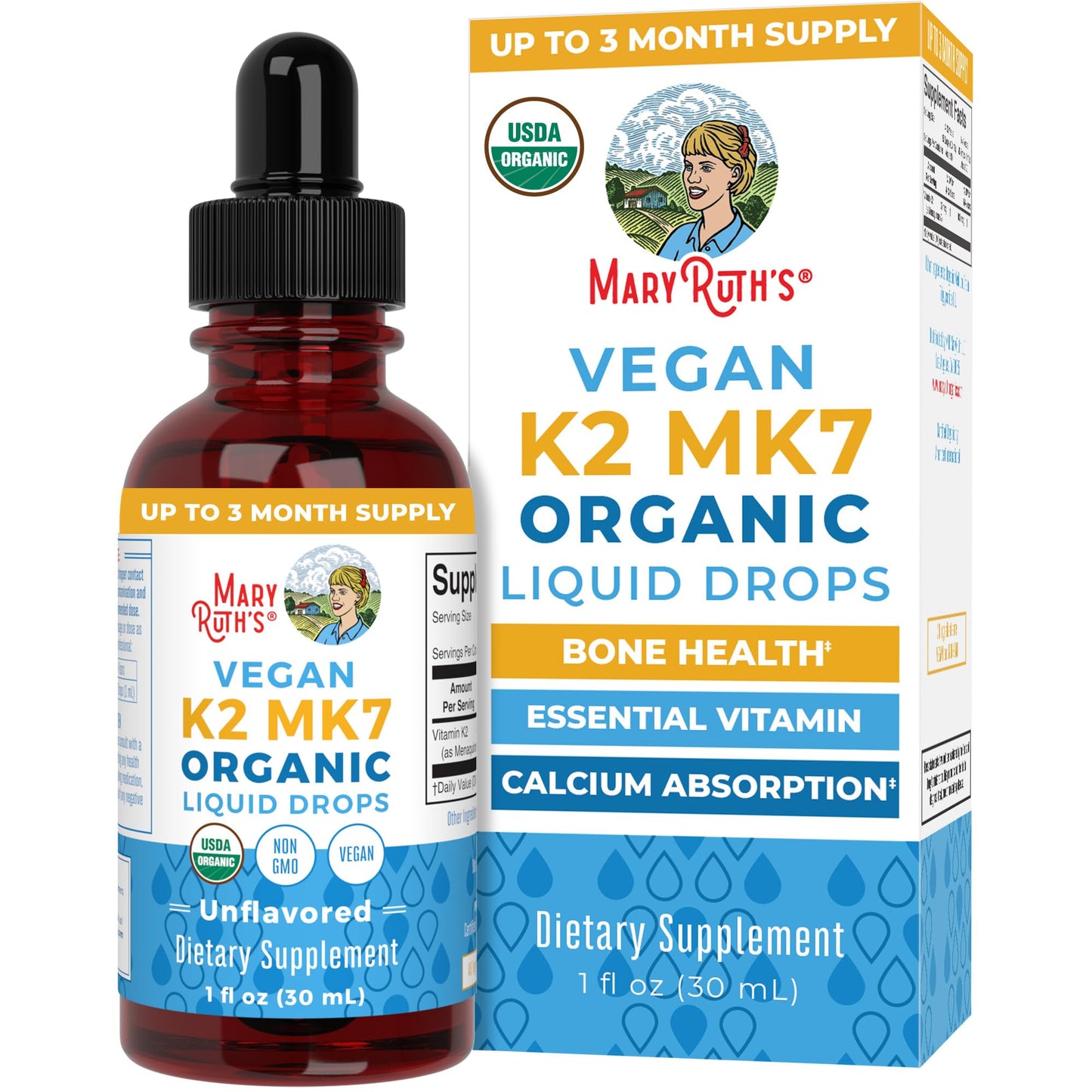 MaryRuth’s USDA Organic Vitamin K2 MK7 Liquid Drops for Adults & Kids | Sourced from Natto | Menaquinone- 7 | Vegan K2 Vitamin for Bone Health & Calcium Absorption | 1oz | Up to 90 Servings - Maple Wellness Supplements