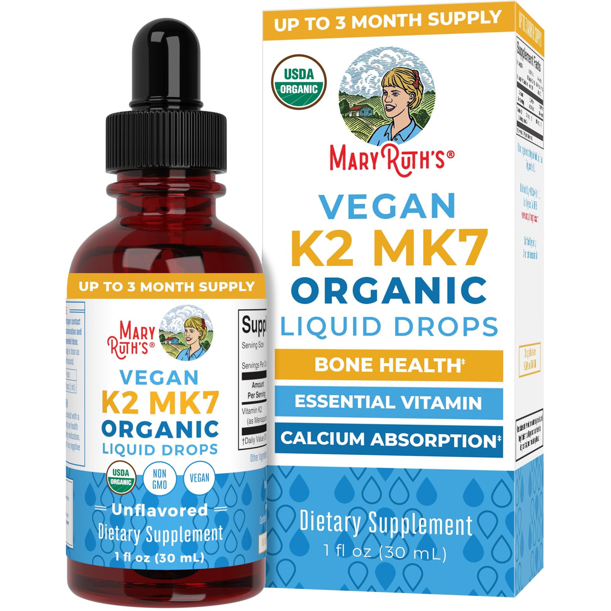 MaryRuth’s USDA Organic Vitamin K2 MK7 Liquid Drops for Adults & Kids | Sourced from Natto | Menaquinone- 7 | Vegan K2 Vitamin for Bone Health & Calcium Absorption | 1oz | Up to 90 Servings - Maple Wellness Supplements