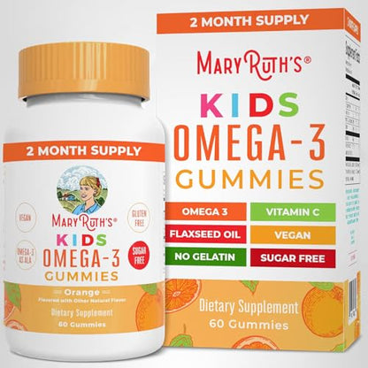 MARYRUTH'S Vegan Omega 3 Gummies for Kids 2+, 2 Month Supply, Sugar Free, Omega 3 Supplement with Vitamin C, Flaxseed Oil, Immune Support - Maple Wellness Supplements