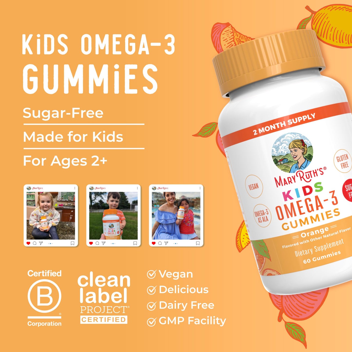 MARYRUTH'S Vegan Omega 3 Gummies for Kids 2+, 2 Month Supply, Sugar Free, Omega 3 Supplement with Vitamin C, Flaxseed Oil, Immune Support - Maple Wellness Supplements