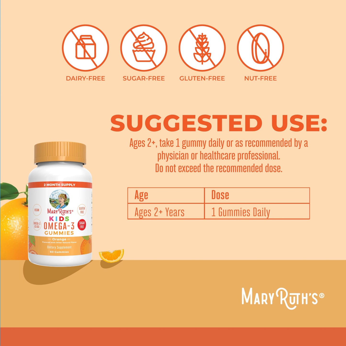 MARYRUTH'S Vegan Omega 3 Gummies for Kids 2+, 2 Month Supply, Sugar Free, Omega 3 Supplement with Vitamin C, Flaxseed Oil, Immune Support - Maple Wellness Supplements