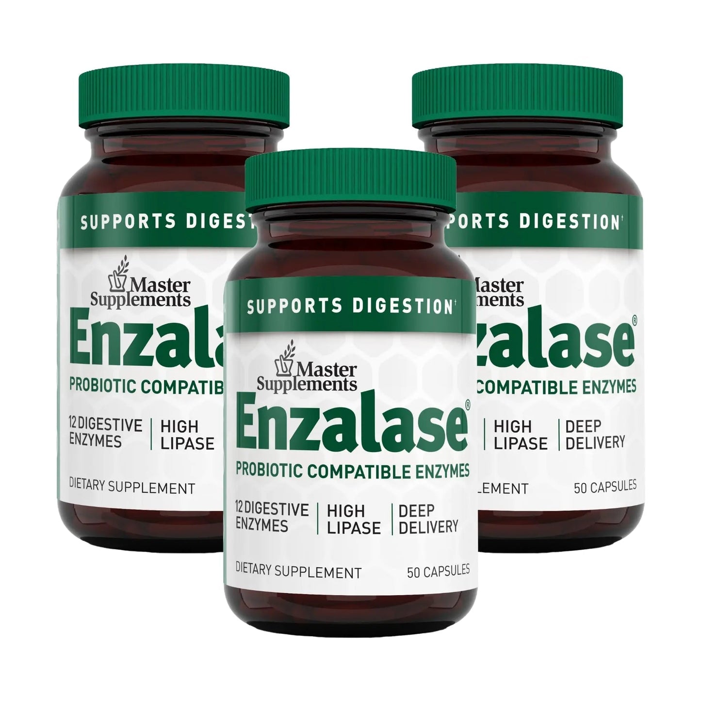Master Supplements Enzalase - 50 Capsules, Pack of 3 - Probiotic Compatible Enzymes - Provides Digestive Boost + Gas & Bloating Relief - Gluten Free - 150 Total Servings - Maple Wellness Supplements
