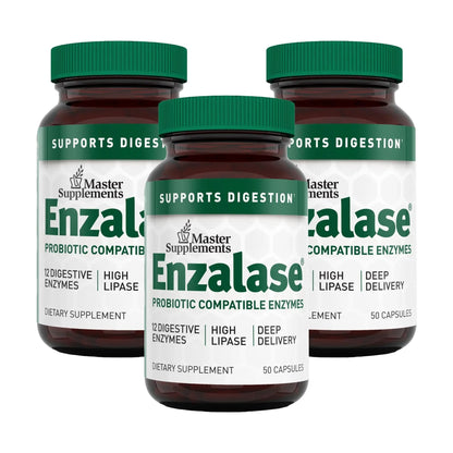 Master Supplements Enzalase - 50 Capsules, Pack of 3 - Probiotic Compatible Enzymes - Provides Digestive Boost + Gas & Bloating Relief - Gluten Free - 150 Total Servings - Maple Wellness Supplements