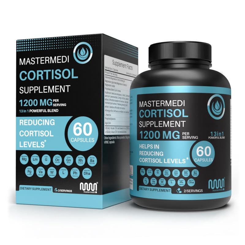 mastermedi Cortisol Supplements for Women and Men Support with Magnesium, Ashwagandha, Lion’s Mane & GABA – Adaptogenic Stress Relief & Mood Support – Non-GMO, No Fillers, Gluten-Free - Maple Wellness Supplements