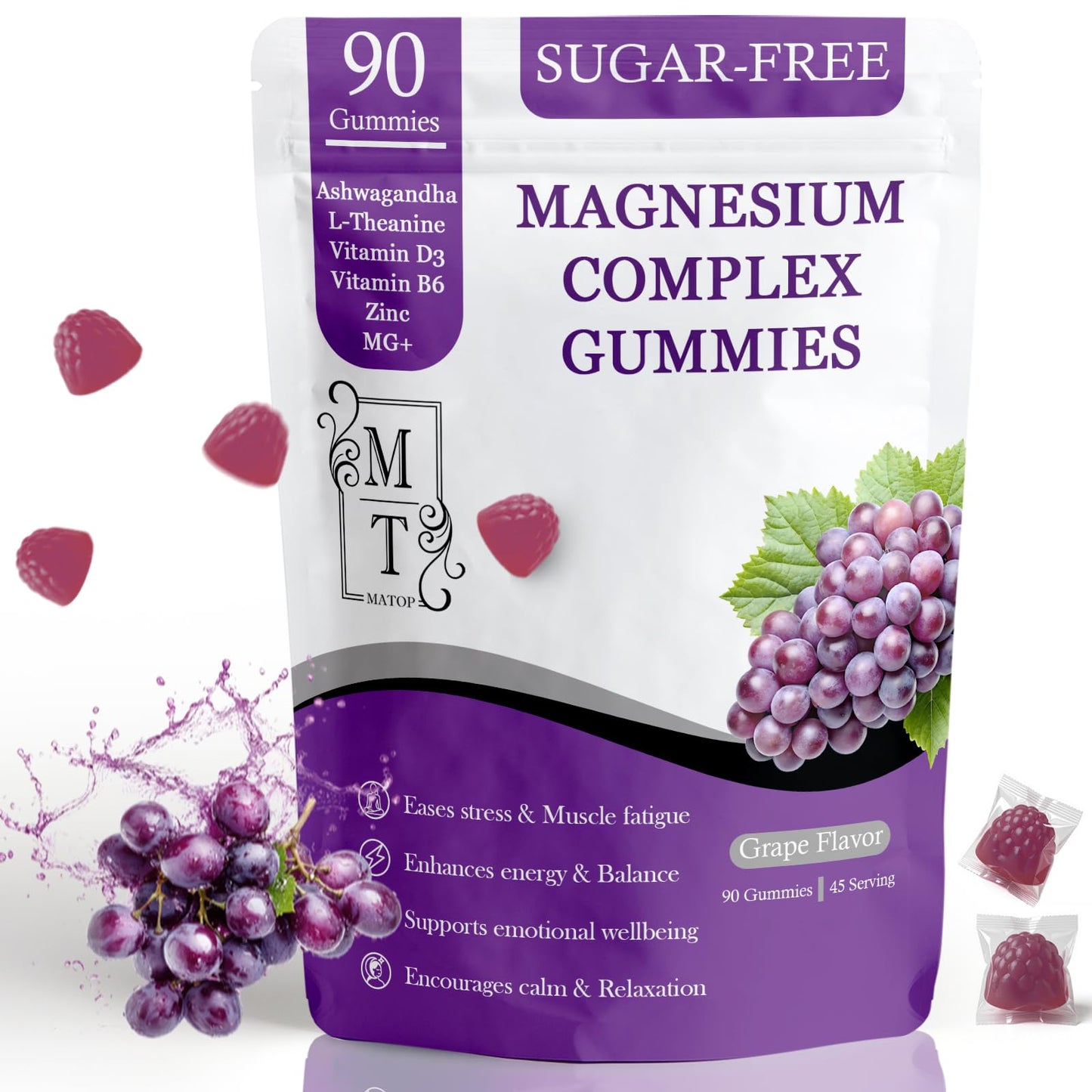 MATOP Magnesium Complex for Women Gummies - 8 in 1 Triple Magnesium Complex (Glycinate, Malate, Citrate) with L-Theanine, Ashwagandha, Vitamin D3, B6 & Zinc - Stress, Calm & Focus - 90 Vegan Gummies - Maple Wellness Supplements