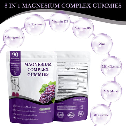 MATOP Magnesium Complex for Women Gummies - 8 in 1 Triple Magnesium Complex (Glycinate, Malate, Citrate) with L-Theanine, Ashwagandha, Vitamin D3, B6 & Zinc - Stress, Calm & Focus - 90 Vegan Gummies - Maple Wellness Supplements