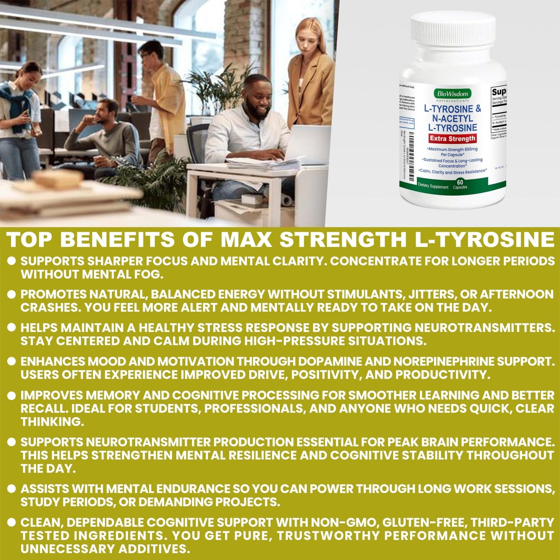 Max Strength L Tyrosine Supplement & N Acetyl L Tyrosine Peak Focus, Alertness, Concentration, Body & Mind Energy. L-Tyrosine 850mg Per 1 Capsule. A Well-Being Nutrient Boost For Performance - Maple Wellness Supplements
