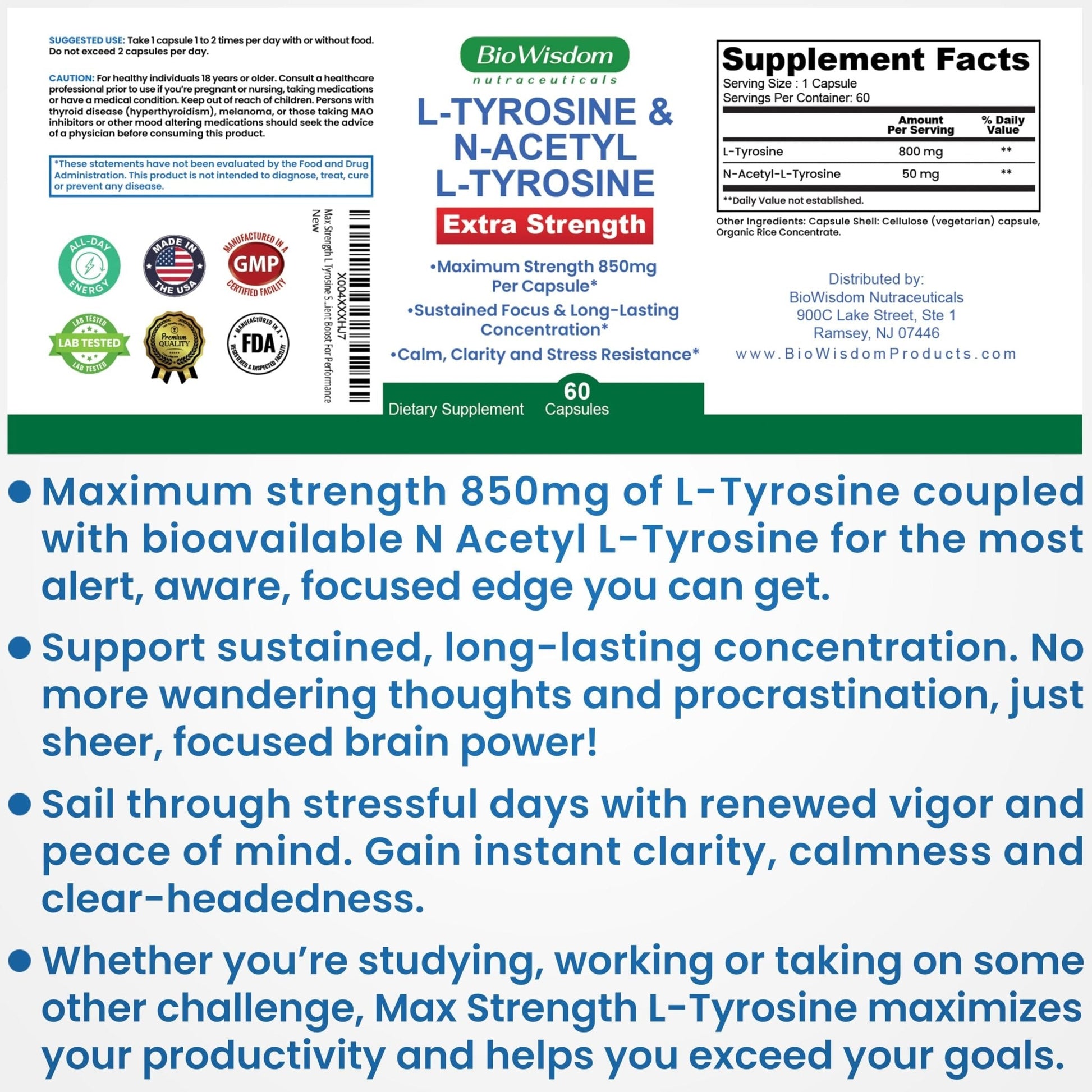 Max Strength L Tyrosine Supplement & N Acetyl L Tyrosine Peak Focus, Alertness, Concentration, Body & Mind Energy. L-Tyrosine 850mg Per 1 Capsule. A Well-Being Nutrient Boost For Performance - Maple Wellness Supplements