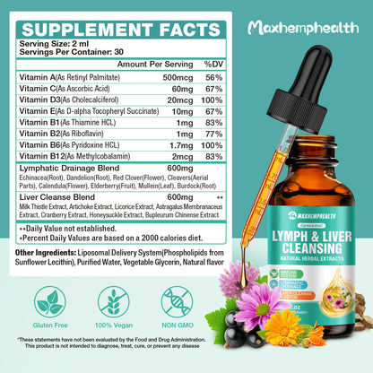 Maxhemphealth Liposomal Lymphatic Drainage Drops - 60ML Lymph & Liver Cleanse Supplement, Natural Herbal Blend & Multivitamin for Immunity, Lymphatic Support & Liver Detox, Vegan, Non-GMO, Gluten-Free - Maple Wellness Supplements